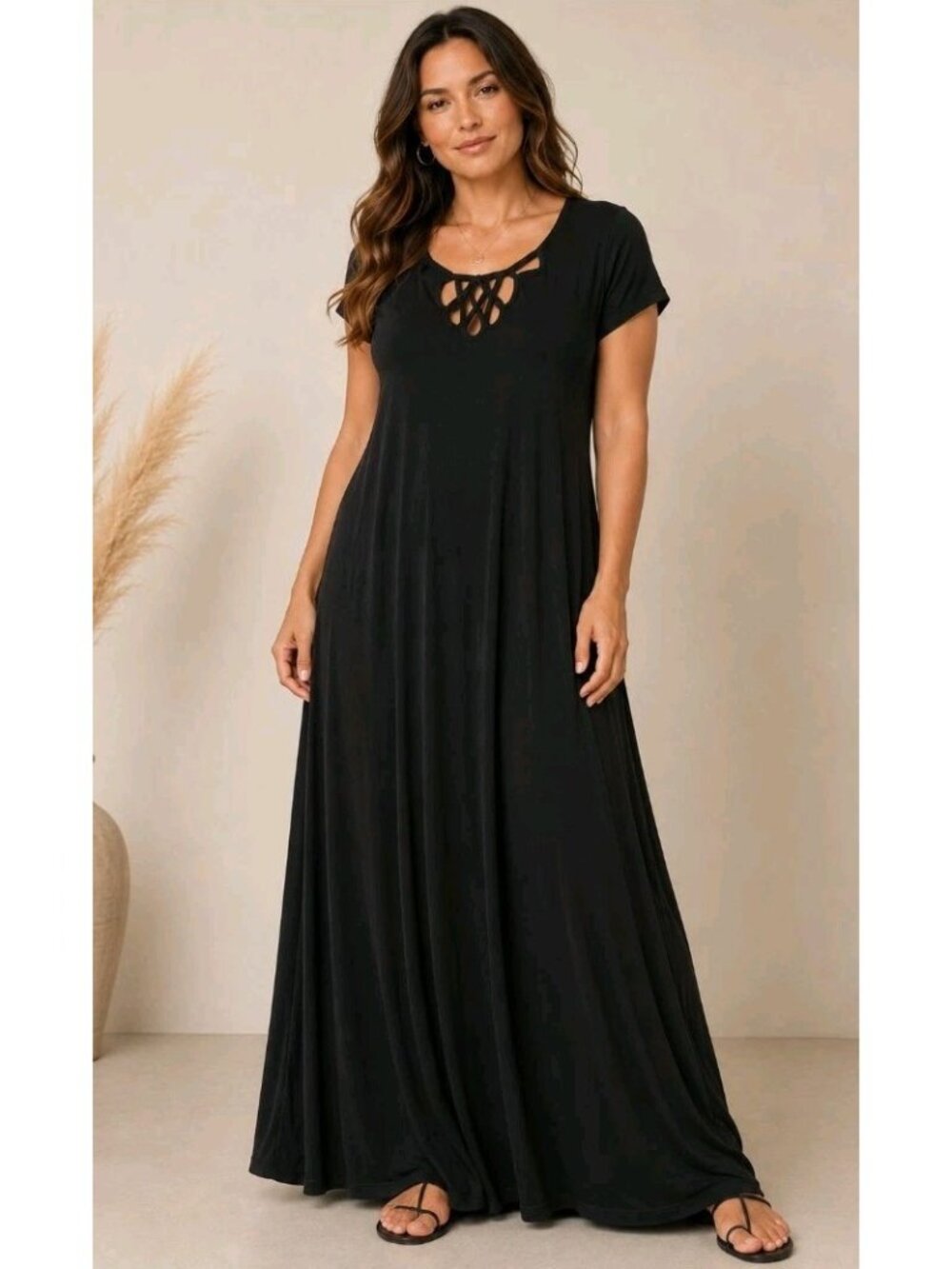 Vtg Anthony Richards Maxi Dress Lightweight Viscose Stretch Pullover XL Black